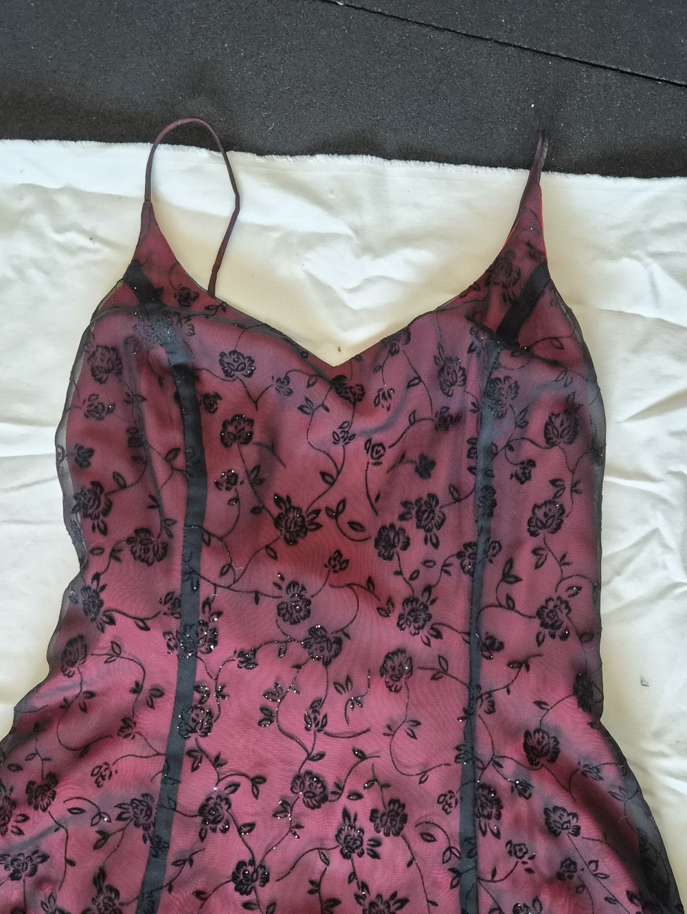 Sheer Black Floral Lace Over Red Fabric Sweetheart Neck A-line Promdress Y2k VTG - Picture 4 of 8